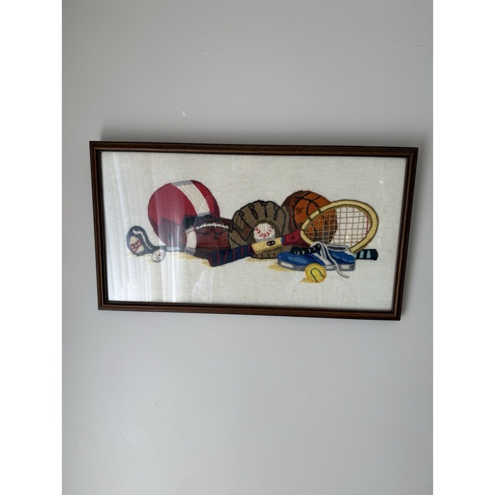 Sports Equipment Vtg 1980 Crewel Embroidery  21 x 11 Wall Decor Wood Frame #2601